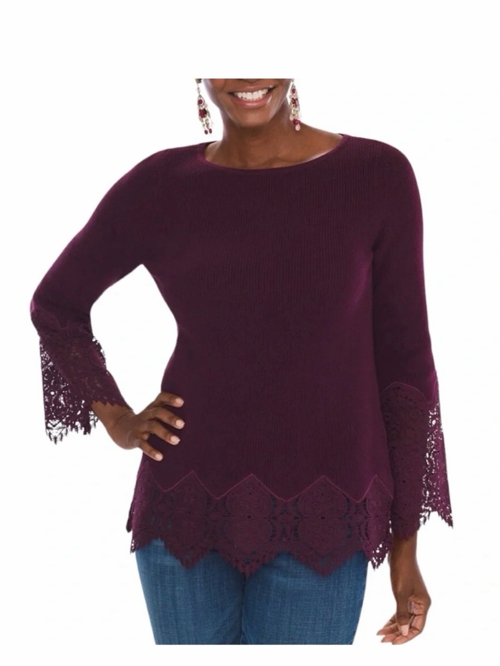 Chico's Burgundy Long Sleeve Lace-Hem Crewneck Sweater Top Size 3(XL)